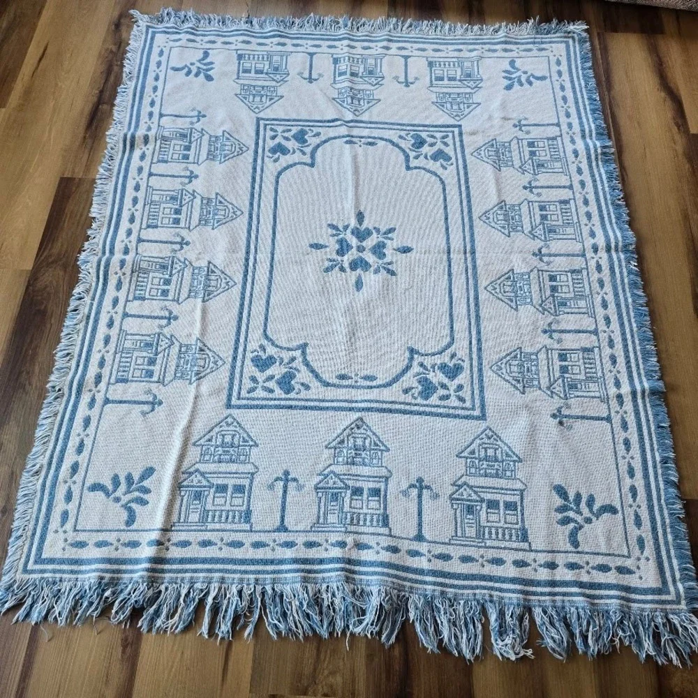 Vtg 80s/90s Blue Victorian House Woven Throw Blanket Hearts Country Cottagecore‎